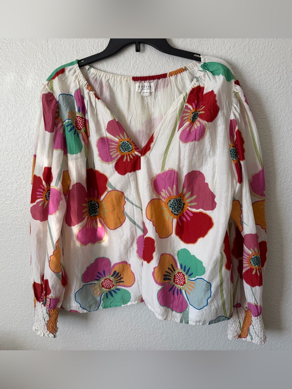 Velvet by Graham & Spencer White Blouse with Pink, Red & Yellow Floral Print